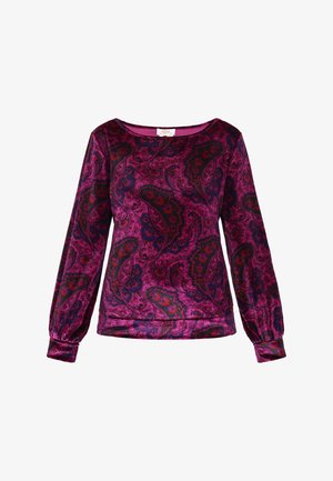 Hedvábná blůza s dlouhým rukávem v purpurové barvě s paisley vzorem a kulatým výstřihem, zdobená květinovým vzorem v červené a námořnické modré, vyrobená z hladké, strukturované tkaniny.