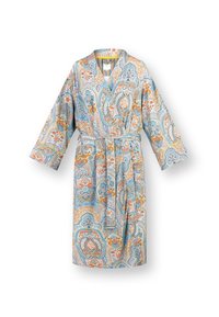 Patronen badjas in lichtblauw met bloemen- en paisleyontwerpen in oranje en goud. Katoenen materiaal, lange mouwen en een strik taille.
