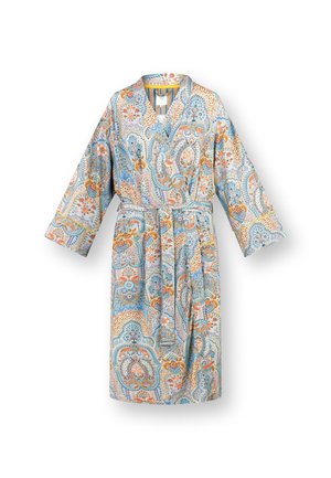 Patterned bathrobe in light blue with floral and paisley designs in orange and gold. Cotton material, long sleeves, and a tied waist.