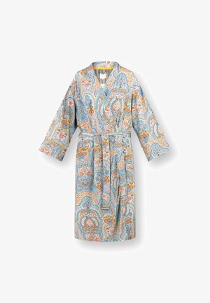 Patronen badjas in lichtblauw met bloemen- en paisleyontwerpen in oranje en goud. Katoenen materiaal, lange mouwen en een strik taille.