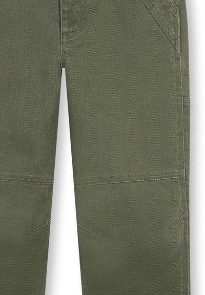 Pantalons cargo vert olive fabriqués en tissu durable, dotés de multiples poches, de coutures renforcées et d'une coupe à jambes droites.