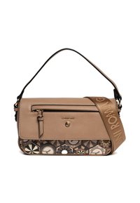 Borsa sintetica beige dal design strutturato, con un pannello decorativo a motivo, dettagli in oro e una larga tracolla con logo.