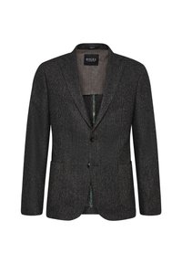 Schwarz strukturierter Blazer mit Reverskragen, einreihigem Knopfverschluss, zwei Vordertaschen und gemusterter Innenauskleidung.