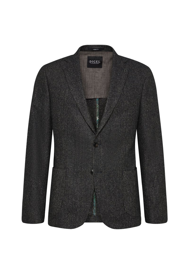 Schwarz strukturierter Blazer mit Reverskragen, einreihigem Knopfverschluss, zwei Vordertaschen und gemusterter Innenauskleidung.