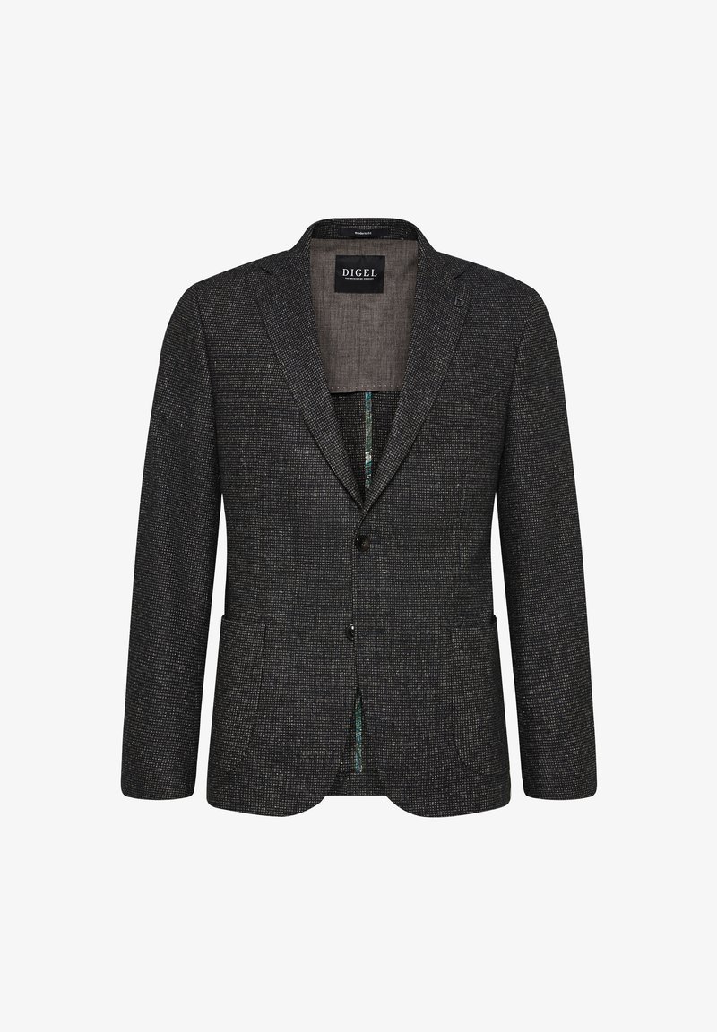 Schwarz strukturierter Blazer mit Reverskragen, einreihigem Knopfverschluss, zwei Vordertaschen und gemusterter Innenauskleidung.