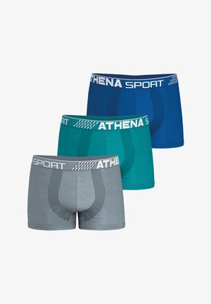 Trois paires de boxers pour hommes en bleu, vert d'eau et gris. Chaque paire présente une ceinture en tissu avec la marque "ATHENA SPORT" et un design confort.