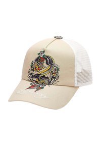 Beige baseball cap med mesh-bag, prydet med farverige broderede drage- og blomsterdesigns. Buet skygge og mærkebroderi på fronten.