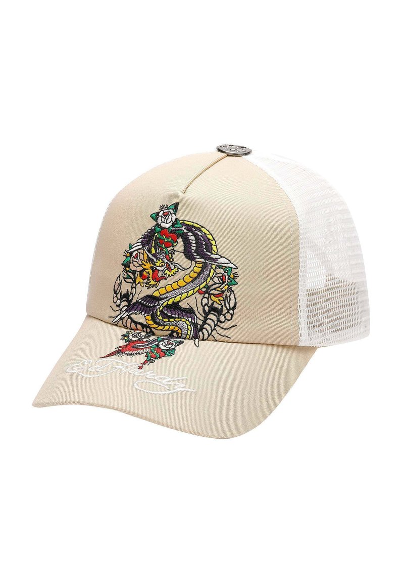 Beige baseball cap med mesh-bag, prydet med farverige broderede drage- og blomsterdesigns. Buet skygge og mærkebroderi på fronten.