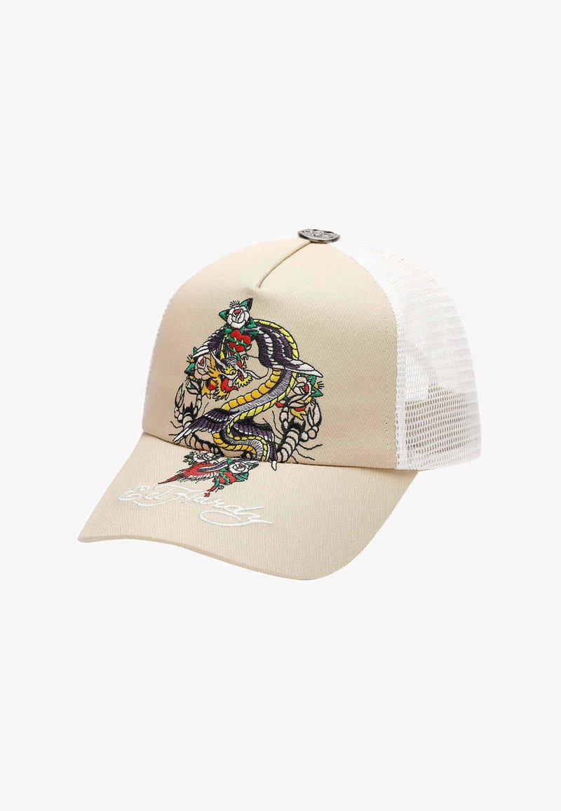 Beige baseball cap med mesh-bag, prydet med farverige broderede drage- og blomsterdesigns. Buet skygge og mærkebroderi på fronten.
