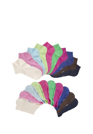 Sixteen pairs of short socks in various colors, including pink, green, blue, brown, and beige; each pair features a ribbed cuff and subtle branding.