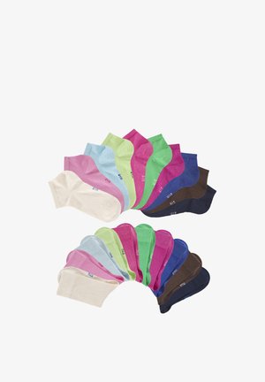 Sixteen pairs of short socks in various colors, including pink, green, blue, brown, and beige; each pair features a ribbed cuff and subtle branding.