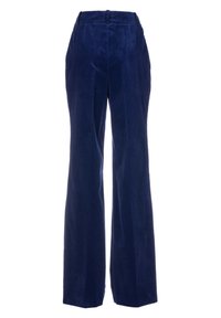 Marineblauwe corduroy wijdere broek met verticale lijnen, twee achterzakken en een gladde textuur. Heeft een mid-rise taille en een getailleerde pasvorm.