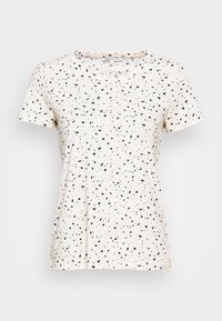 Světle béžové tričko s krátkým rukávem a kulatým výstřihem, které má rozptýlený vzor černých, růžových a světle šedých tvarů.