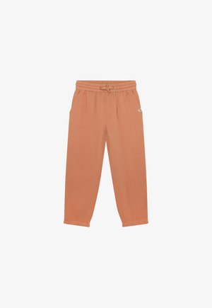 Pantalones jogger color terracota hechos de tela ligera con cintura elástica y cordón. Incluyen bolsillos laterales y un ajuste relajado.