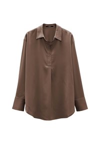 Bruine satijnen blouse met lange mouwen en een kraag, met een knopenloze sluiting en een relaxed fit. Soepele textuur met brede manchetten.