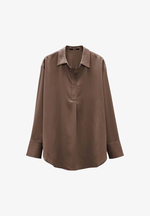 Brown satin long-sleeve shirt with a collar, featuring a buttonless placket and relaxed fit. Smooth texture with wide cuffs.