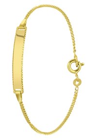 Gouden armband met een platte, gepolijste bar en een gedraaide ketting. Voorzien van een kreeftsluiting en cirkelvormige schakels. Gladde, glanzende afwerking.