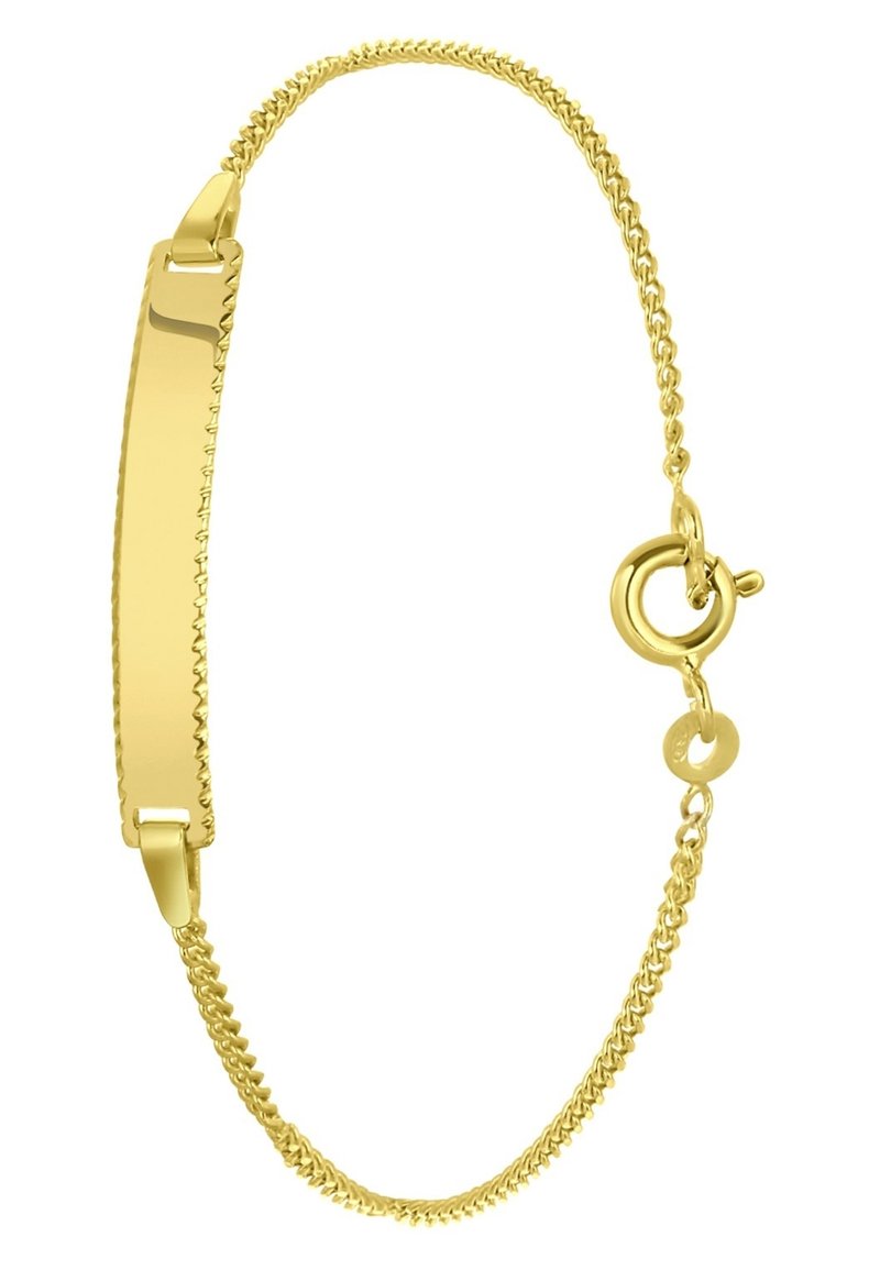 Gouden armband met een platte, gepolijste bar en een gedraaide ketting. Voorzien van een kreeftsluiting en cirkelvormige schakels. Gladde, glanzende afwerking.