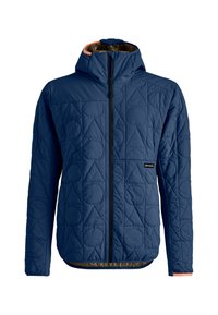 Marineblaue, gesteppte Jacke mit Kapuze, die geometrische Muster aufweist und einen Reißverschluss hat. Das Innere hat einen kontrastierenden orangen Besatz. Das Material scheint isoliert zu sein.