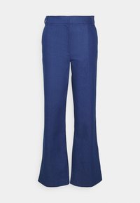 Pantalons évasés bleus en tissu lisse avec une taille ajustée et des jambes larges, dotés de deux passants de ceinture et d'un ourlet net.