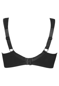 Schwarzer BH aus glattem Stoff, mit verstellbaren Trägern, nahtlosem Design und Haken- und Ösenverschluss auf der Rückseite.