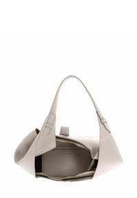 Lichtgrijze leren handtas met een gestructureerde vorm. Voorzien van twee bovenhandvatten, een ritssluiting en een binnenvak. Glad van textuur.