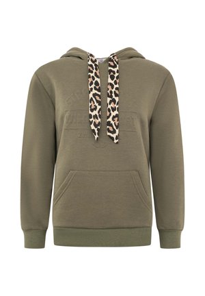 Oliwkowa bluza z kapturem z sznurkami w panterkę i przednią kieszenią kangurką, z prążkowanymi ściągaczami przy rękawach i u dołu.