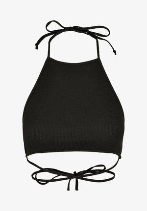 Soutien-gorge de bikini noir de style halter fabriqué en tissu côtelé ; il dispose de liens réglables au cou et d'un dos découpé avec un détail noué.