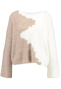 Pull en maille avec une coupe ample, un large col et un design bicolore beige et blanc avec une finition texturée.
