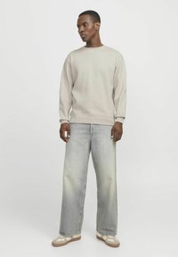 Lichtgrijze sweatshirt met geribde manchetten, gecombineerd met oversized lichtblauwe jeans met een vervaagde afwerking. Sneakers hebben een tan accent.
