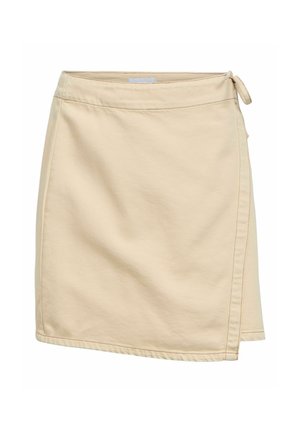 Beige wrap skirt with side tie closure, straight hem, and visible stitching details on a white background.