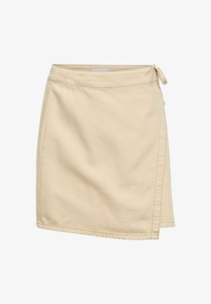 Beige wrap skirt with side tie closure, straight hem, and visible stitching details on a white background.