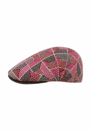Flat cap with a geometric patchwork pattern in red, pink, black, and white colors on a white background.