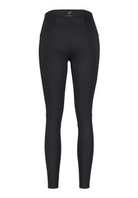 Leggings sportive neri con vita alta, realizzati in un tessuto testurizzato e con un design perforato sulla parte inferiore delle gambe per migliorare la traspirabilità.