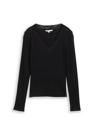 Zwarte lange mouw top met een V-halslijn en een zacht textuur van kanten afwerking. Gemaakt van een zachte stof met een slim-fit vorm en ribbeltextuur.