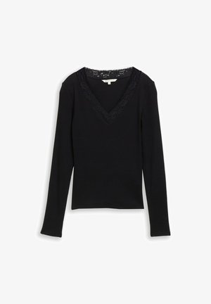 Schwarzes Langarmoberteil mit V-Ausschnitt, verziert mit einer strukturierten Spitzenbordüre. Hergestellt aus weichem Stoff mit figurbetontem Schnitt und geripptem Muster.