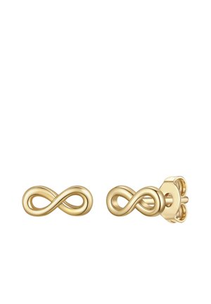 Gouden infinity symbool stud oorbellen met vlinderdasjes, weergegeven van voren en schuin zijaanzicht op een witte achtergrond.
