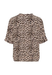 Blusa con stampa leopardata, dal taglio morbido, maniche corte, scollo rotondo e tessuto morbido. Presenta macchie marroni e nere su uno sfondo chiaro.