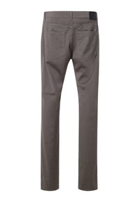 Pantaloni in cotone grigi dalla linea dritta, dotati di due tasche posteriori e un dettaglio in vita. Tessuto liscio, design minimale, senza motivi visibili.