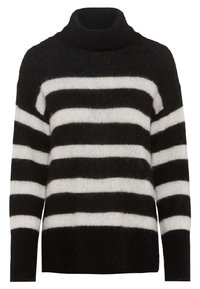 Pull à col roulé rayé noir et blanc en matériau doux et duveteux, avec de larges rayures horizontales et des manches longues.