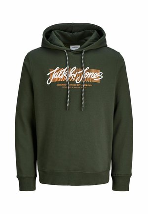 Olivgrön hoodie i bomullsblandat material. Har en dragsko i huvan, ribbade ärmslut och en framstående grafisk logotyp i vitt och orange.