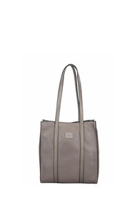 Sac fourre-tout gris texturé avec deux longues poignées et des accents noirs contrastés. Dispose d'un petit logo sur le panneau avant.