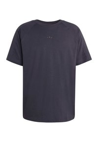 Tmavosivá bavlnené tričko s uvoľneným strihom, krátkymi raglánovými rukávmi a malým vyrazeným logom na hrudi. Hladká textúra, bez vzorov.