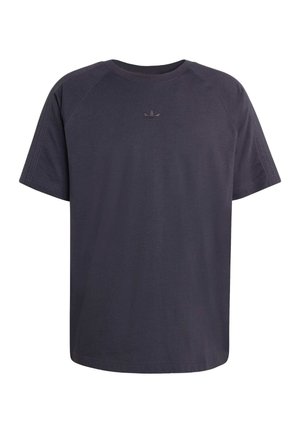 Mörkgrå bomullst-shirt med avslappnad passform, korta raglansärmar och en liten präglad logga på bröstet. Slät textur, utan mönster.