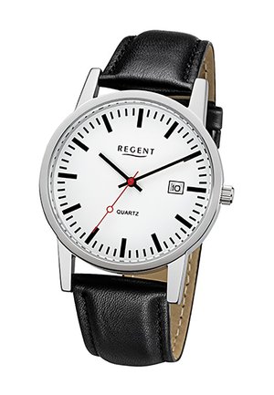 Classic analog wristwatch with white face, black hour markers, black leather strap, silver case, and date window showing number 10.