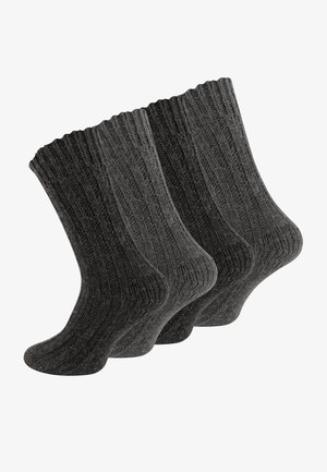 Gray knitted socks with ribbed texture, featuring a crew length and reinforced heel and toe. Sold in a set of three.
