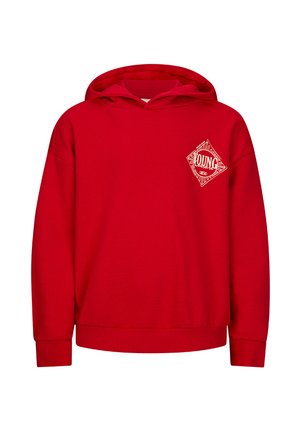 Felpa rossa con cappuccio e maniche lunghe, con un piccolo logo "YOUNG" a forma di diamante bianco sul petto a sinistra.