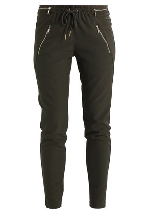 Schlanke Jogginghosen aus dunkelgrünem Stoff, mit Reißverschlusstaschen, Kordelzugbund und glatter Textur.