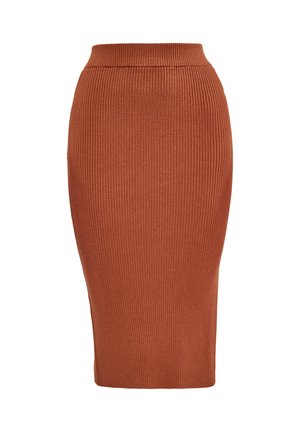 Ribota midi svārki dedzinoši oranžā krāsā, ar augstu jostasvietu un pieguļošu siluetu. Izgatavoti no mīksta, elastīga auduma komfortam.