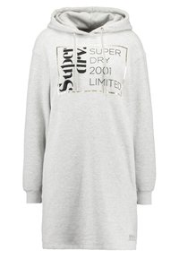 Vestido sudadera gris claro hecho de una mezcla de algodón. Presenta un gráfico frontal con texto, capucha con cordón y mangas acampanadas. Corte relajado.
